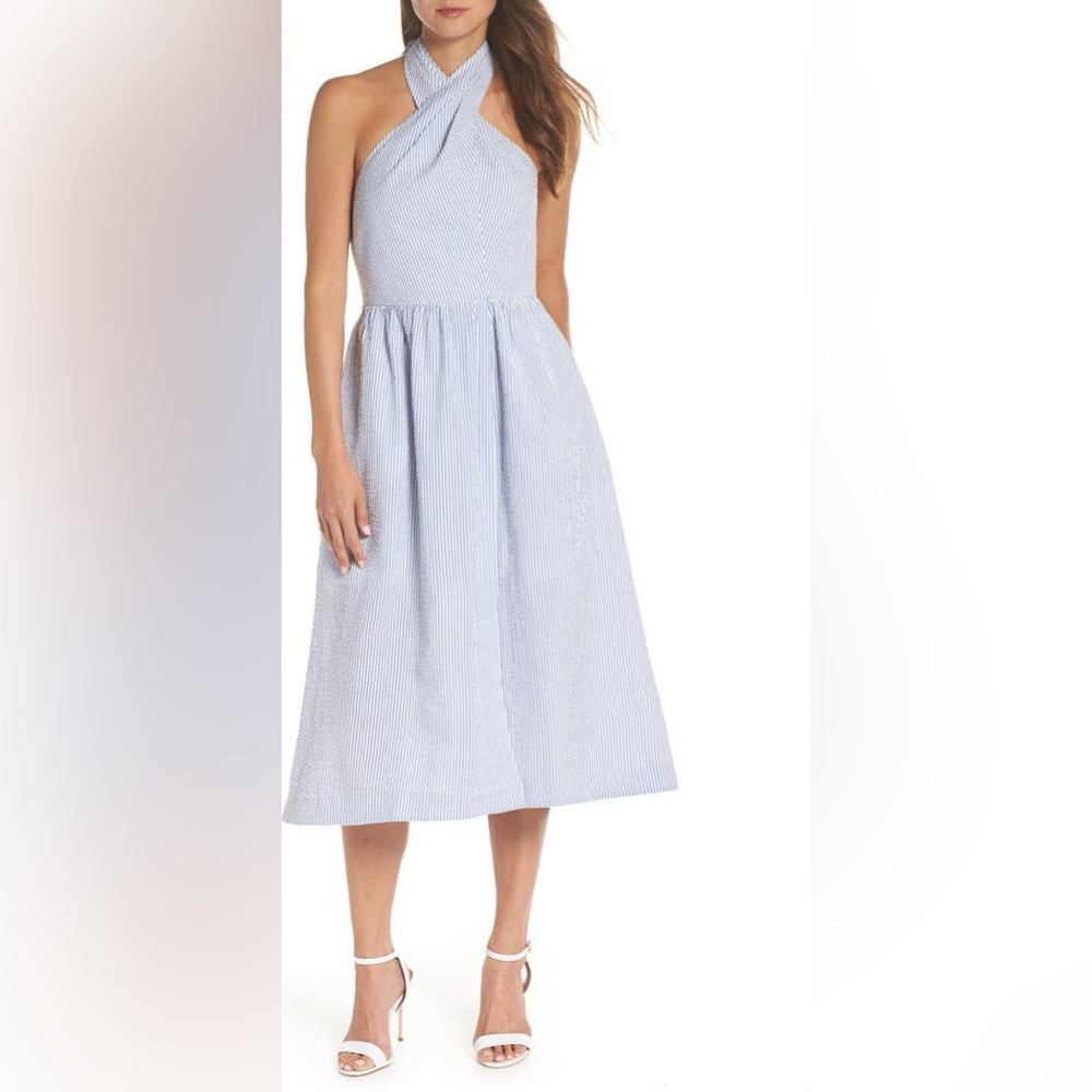 J. Crew Pleated Halter Sundress in White and Blue
